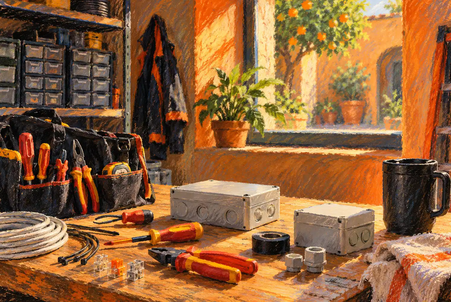 Illustration of electrical contractors and their working space